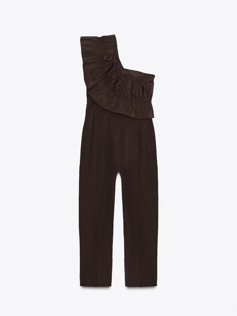 Zara Brown One-Shoulder Ruffle Jumpsuit